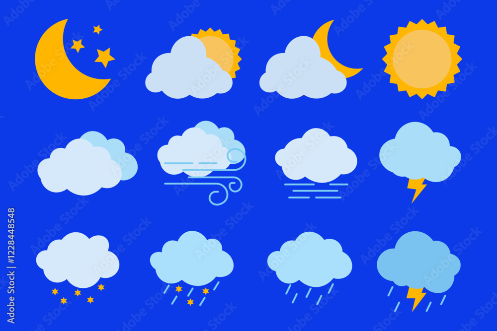 Modern weather icons set. Flat vector symbols on blue background. Modern weather icons set. Flat vector symbols on blue background.
