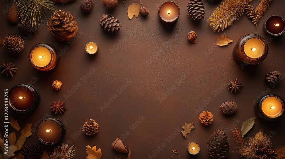 Fototapeta premium A flat lay of earth-toned candles and natural elements arranged on a smooth brown surface, leaving copy space.