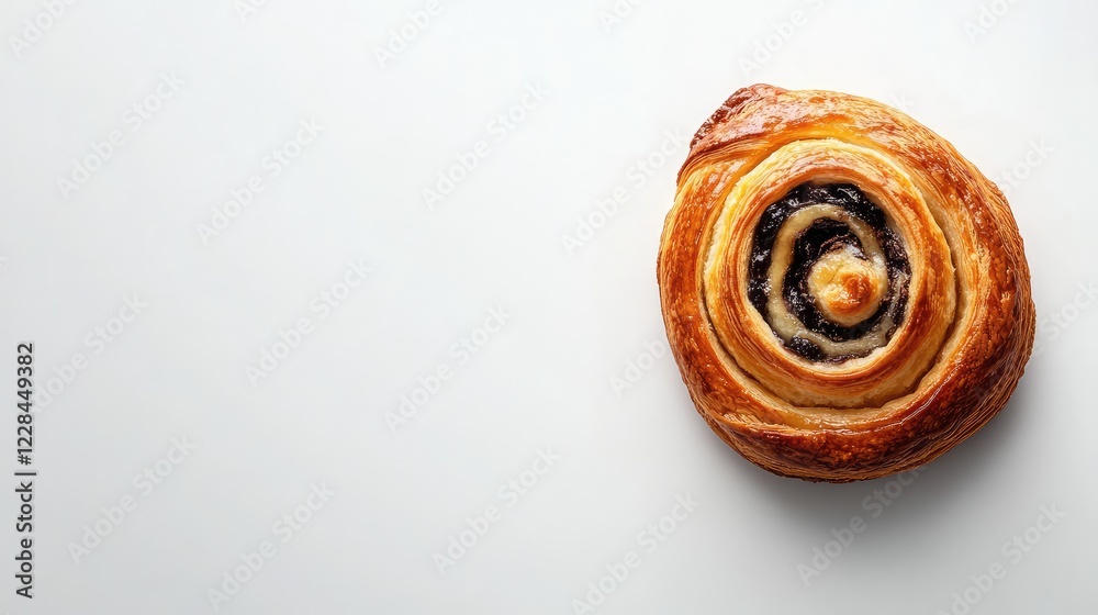 A freshly baked French pain au chocolat with melted chocolate inside, placed on a clean white table with empty space. A freshly baked French pain au chocolat with melted chocolate inside, placed on a clean white table with empty space.