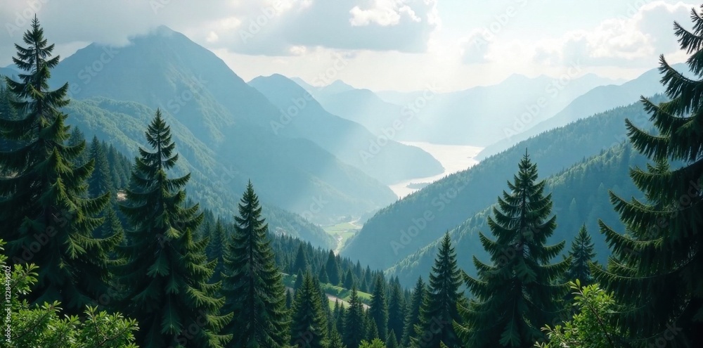 Fototapeta premium Dense fir trees surround misty valley, vintage style, misty landscape, atmosphere