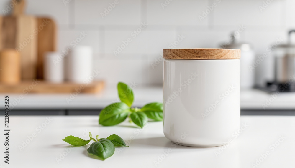 Obraz premium White jar with wooden lid on kitchen countertop with basil leaves