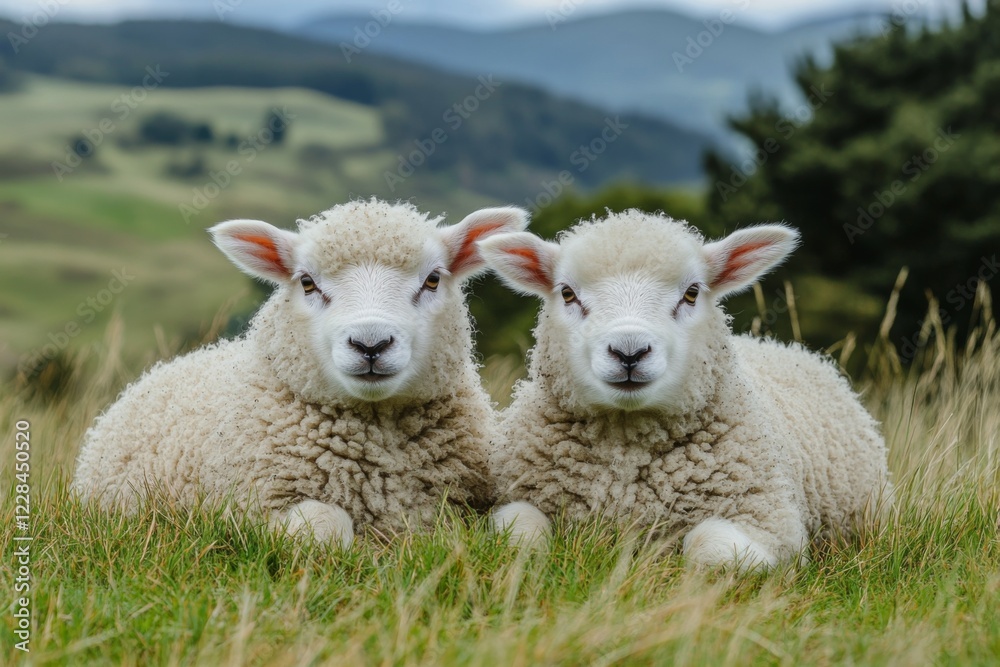 Fototapeta premium Two sheep lying on green grass in a rural field