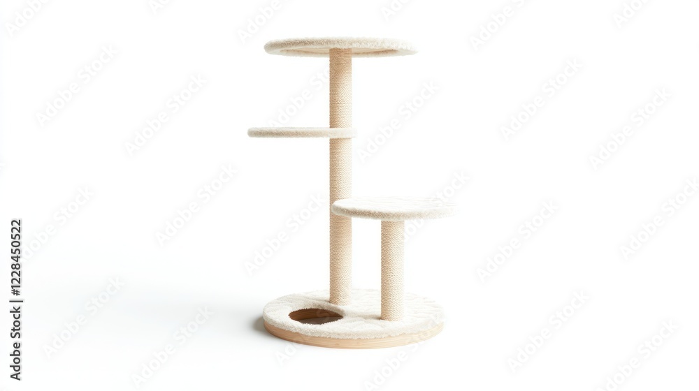 Beige cat tree studio shot, three platforms, white background, pet furniture Beige cat tree studio shot, three platforms, white background, pet furniture