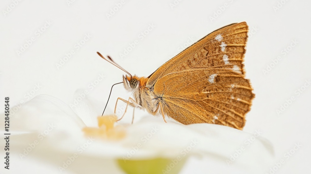 Obraz premium A delicate brown butterfly rests on a white flower, its antennae reaching out.