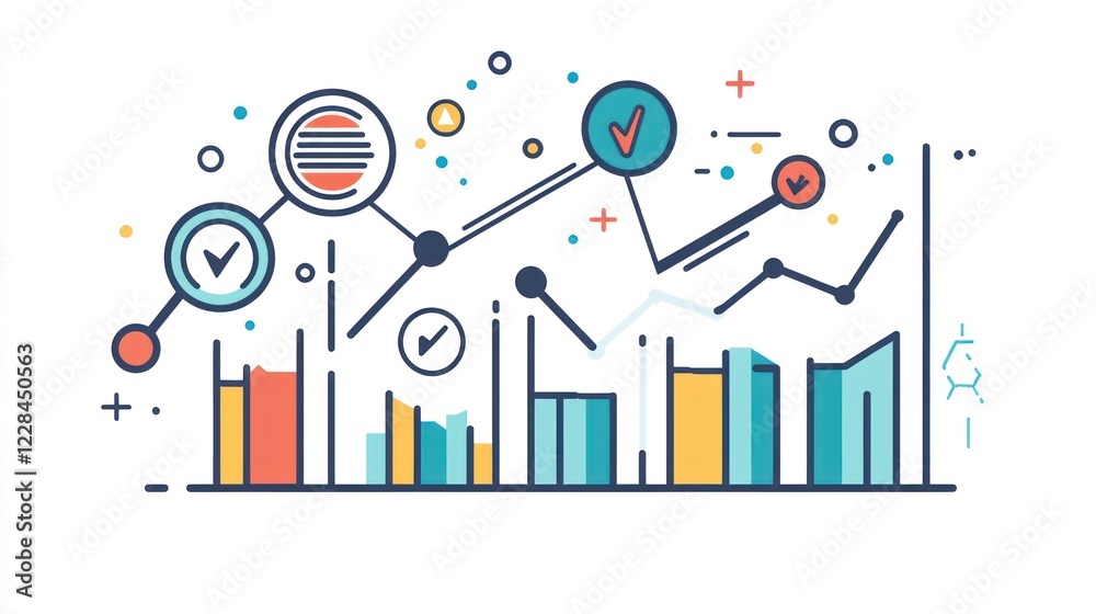 Upward trending data analysis graph, showing progress, with positive checkmarks, illustrating business success Upward trending data analysis graph, showing progress, with positive checkmarks, illustrating business success