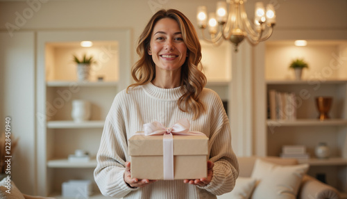 Wallpaper Mural Smiling woman holding gift box in cozy living room Torontodigital.ca