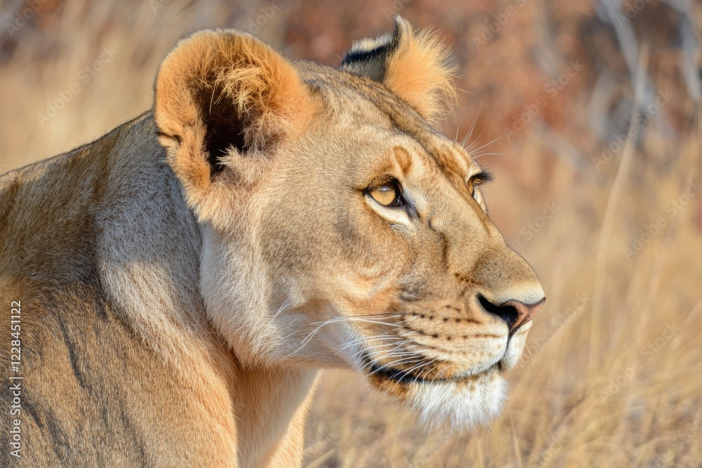 Majestic African Lioness in Side Profile Surrounded by Golden Grasslands During Warm Sunset, Capturing the Essence of Wild Life and Natural Beauty Majestic African Lioness in Side Profile Surrounded by Golden Grasslands During Warm Sunset, Capturing the Essence of Wild Life and Natural Beauty
