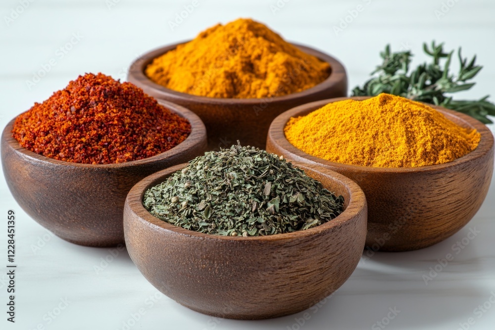 Variety of colorful spices in wooden bowls on a rustic table Variety of colorful spices in wooden bowls on a rustic table
