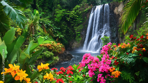A beautiful tropical waterfall is nestled within a vibrant jungle of colorful flowers and lush foliage, creating a serene haven of natural beauty and tranquility. Waterfall Haven. Illustration