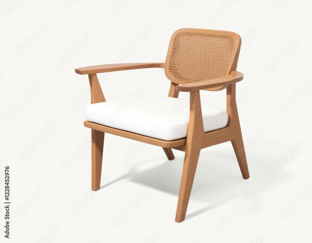 Elegant wooden armchair with woven backrest and plush white cushion design Elegant wooden armchair with woven backrest and plush white cushion design