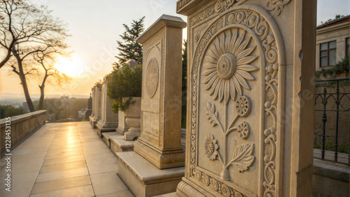 Stone monuments bathed in golden sunset light, row of ornate beige memorial structures with floral carvings lining pathway in historical cemetery. Concept of memorial services, architectural heritage photo