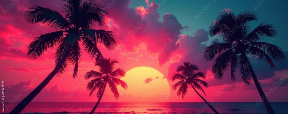 Film grain effect on palm tree silhouettes , sunny day, film grain, island vibe Film grain effect on palm tree silhouettes , sunny day, film grain, island vibe