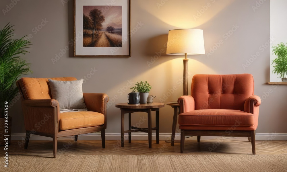 Coffee table and lamp placed in front of a large wooden armchair against the wall , desk chair, floor lamp, quiet reading spot Coffee table and lamp placed in front of a large wooden armchair against the wall , desk chair, floor lamp, quiet reading spot