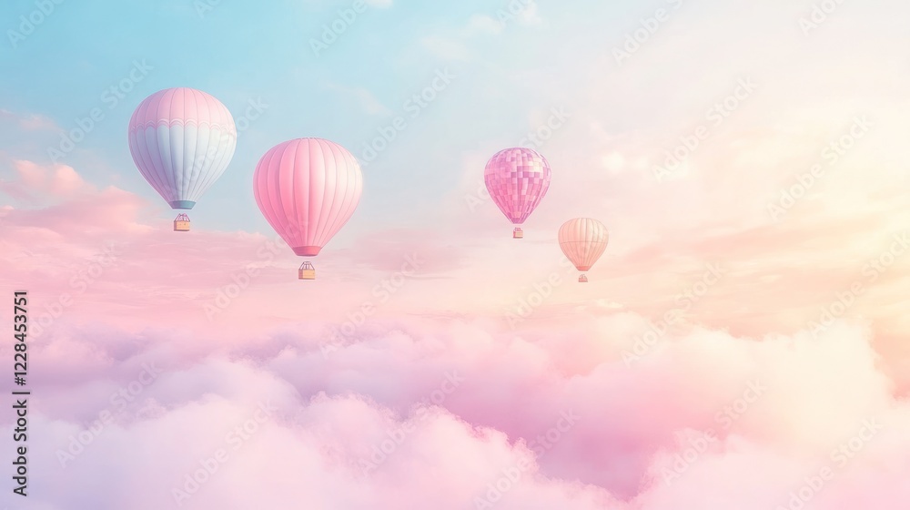 Obraz premium Pastel hot air balloons soar above dreamy clouds at sunrise, ideal for travel posters