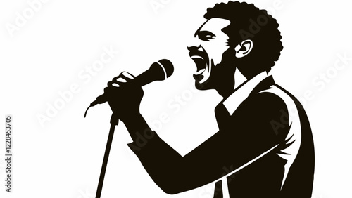 Passionate male vocalist performing with microphone, profile view showing intense expression. Dynamic black and white silhouette capturing emotional delivery. Concept of music performance, vocal artis