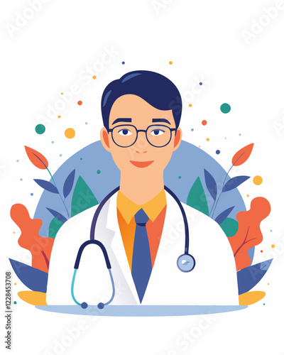 Male doctor in white coat looking at camera with friendly expression. Healthcare professional wearing stethoscope against stylized background. Concept of healthcare, medical services, wellness.