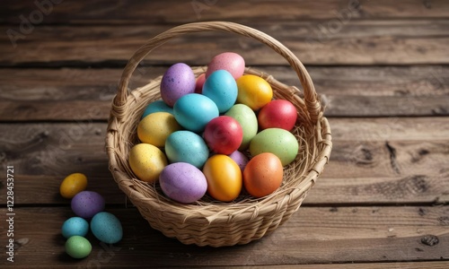 Wallpaper Mural Colorful Easter eggs placed in a woven straw basket on a weathered wooden background, distressed finish, eggs, soft focus Torontodigital.ca
