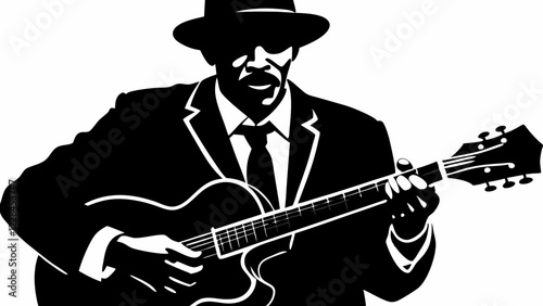 Jazz musician playing guitar with artistic expression. Performer in suit and fedora creating soulful music. Concept of music performance, entertainment, jazz culture.