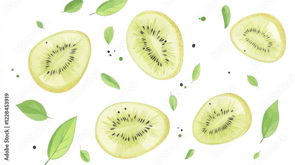 Fototapeta premium Floating Kiwi Slices, Leaves, Peppercorns; White Background; Food Banner