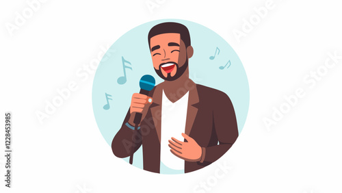 Joyful Black man singing into microphone with musical notes, animated expression showing enthusiasm. Concept of: music education, vocal training, entertainment