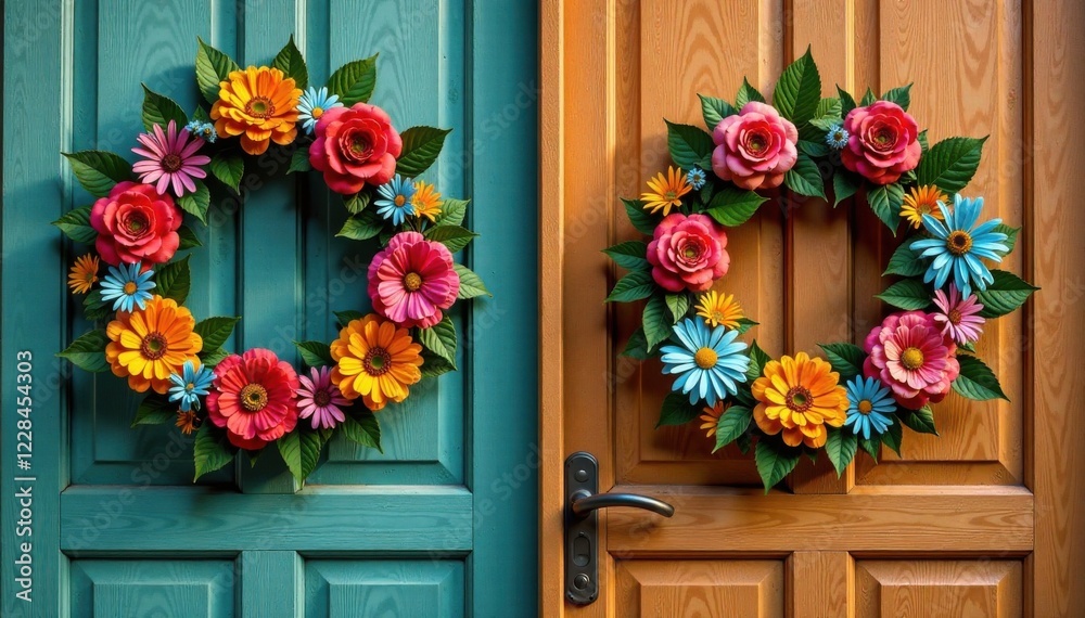 Fototapeta premium Floral wreath on wooden door , doors, flowers, wood