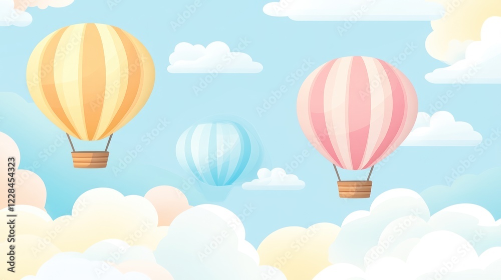 custom made wallpaper toronto digitalPastel hot air balloons soar above fluffy clouds, sunny sky; children's book illustration
