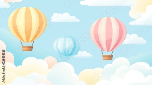 Wallpaper Mural Pastel hot air balloons soar above fluffy clouds, sunny sky; children's book illustration Torontodigital.ca