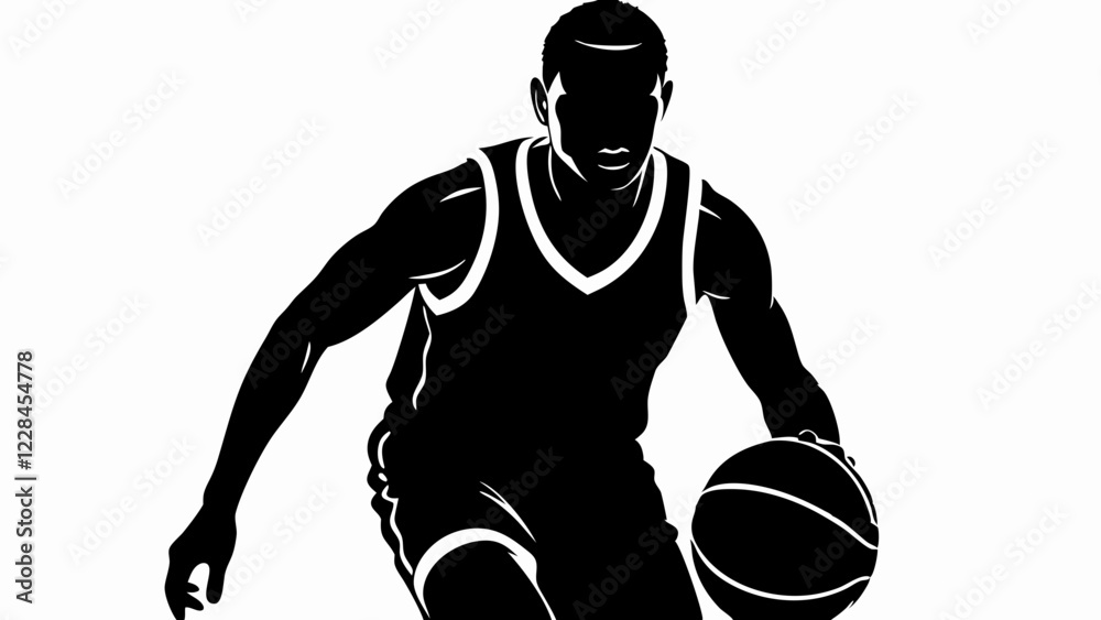 Dynamic basketball player dribbling in motion, athletic silhouette captured mid-action against stark background. Shows power and agility in stylized form. Concept of: sports equipment, basketball Dynamic basketball player dribbling in motion, athletic silhouette captured mid-action against stark background. Shows power and agility in stylized form. Concept of: sports equipment, basketball
