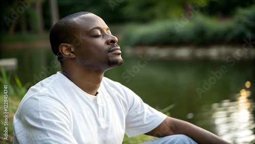 Black man meditating peacefully by serene water. Seated cross-legged in white t-shirt and jeans against blurred natural backdrop. Concept of wellness, mindfulness, mental health.