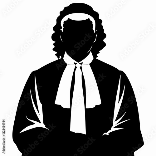 Silhouette of judge in traditional robe and wig. Stark black and white representation of judicial authority. Concept of law, justice, legal profession.