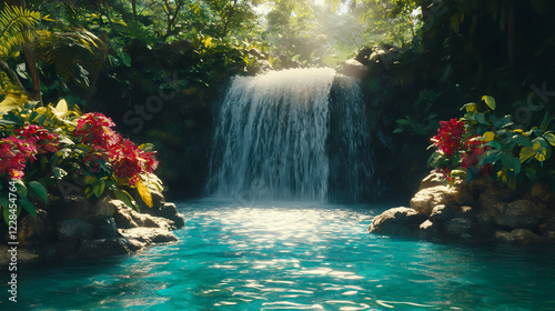 Mystical hidden waterfall cascading into a serene turquoise pool, surrounded by dense green rainforest with vibrant flowers and dappled sunlight. ai generated. Waterfall Haven. Illustration photo