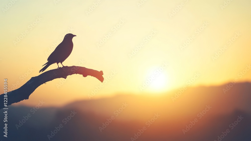 Silhouette bird sunset branch hilltop peaceful nature Silhouette bird sunset branch hilltop peaceful nature