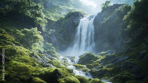 Majestic waterfall cascades down mossy rocks in lush green mountain valley; nature background