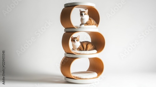 Two cats relaxing on a three-tiered wooden cat tower against a white background, for pet product advertisement photo