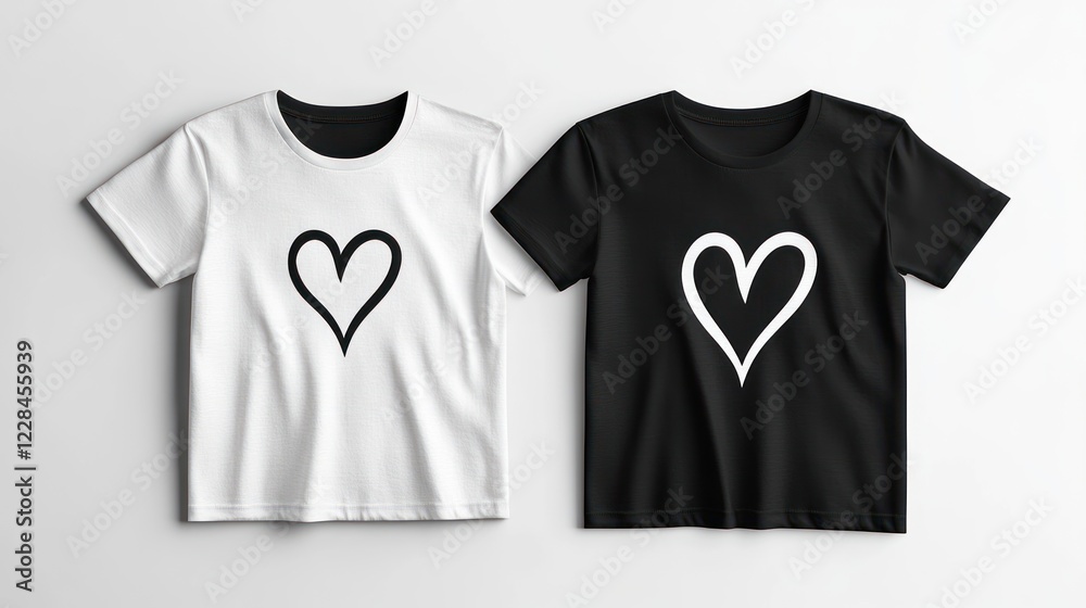 Naklejka premium White & black heart-print tees on white background; mockup for apparel design