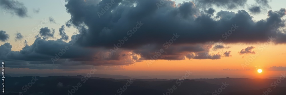 Dark gray clouds gather in the distance as the sun sets over a serene landscape of hills and valleys, sunset backdrop, scenic views, gradient colors Dark gray clouds gather in the distance as the sun sets over a serene landscape of hills and valleys, sunset backdrop, scenic views, gradient colors