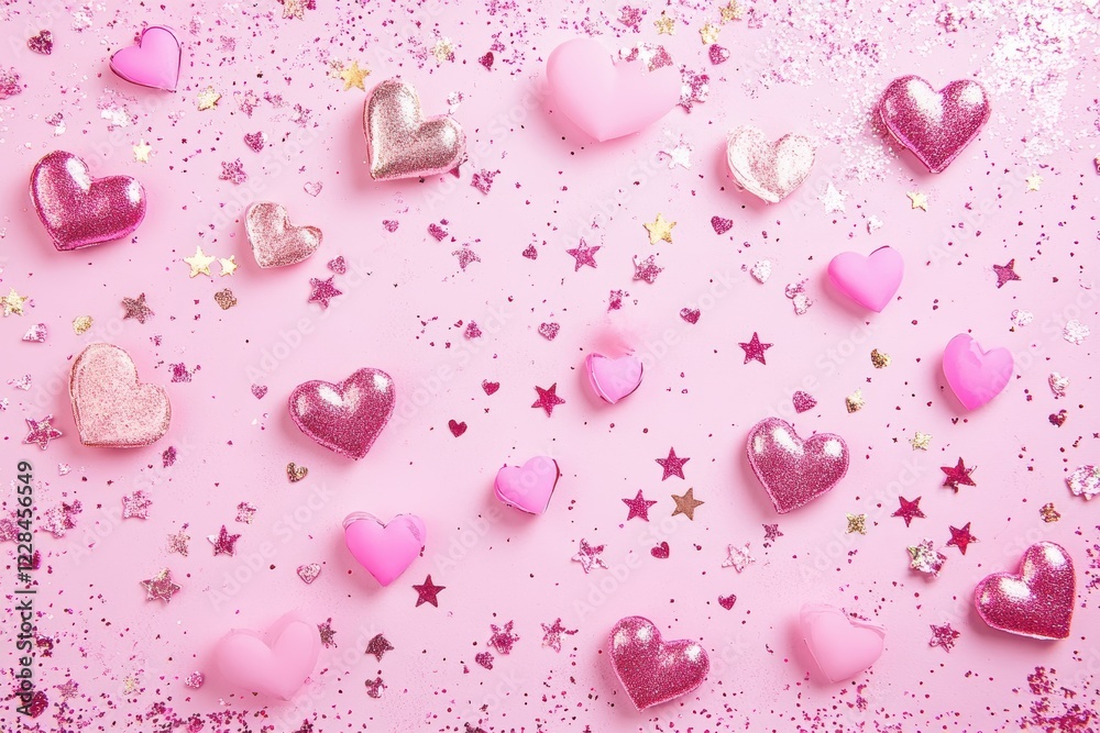 Pink background with tiny stars and hearts, pink Valentine's Day Pink background with tiny stars and hearts, pink Valentine's Day