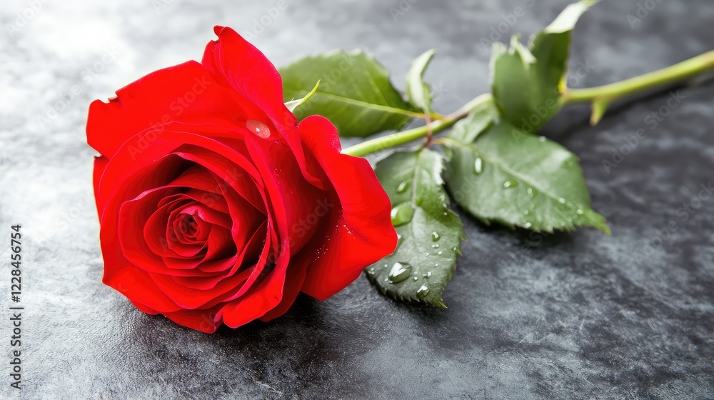 Single bright red rose with dewdrops on a black velvet background, creating dramatic contrast with ample negative space. Single bright red rose with dewdrops on a black velvet background, creating dramatic contrast with ample negative space.