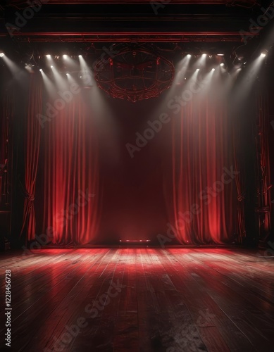 Dark red stage lights illuminating a darkened theatre, smoke, red lights
