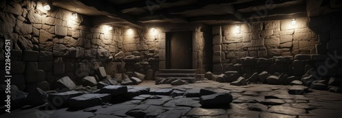 Dark stone basement with crumbling stone blocks, abandoned, dust, cobwebs