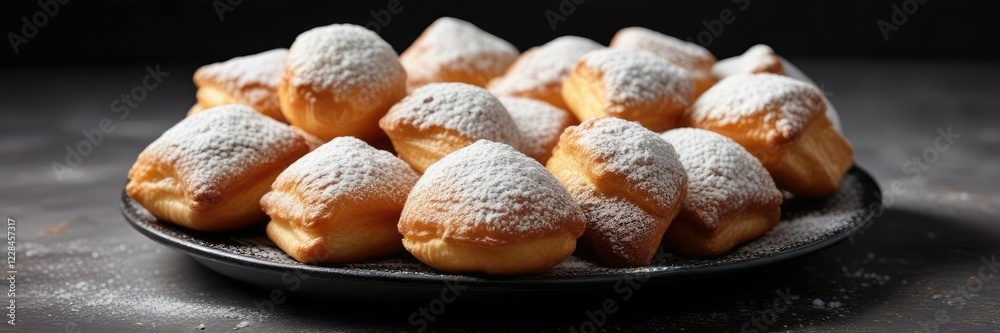 Delicate beignets piled high on a small black plate, beignets powder sugar coffee creme anglaise jam, , breakfast or brunch food Delicate beignets piled high on a small black plate, beignets powder sugar coffee creme anglaise jam, , breakfast or brunch food