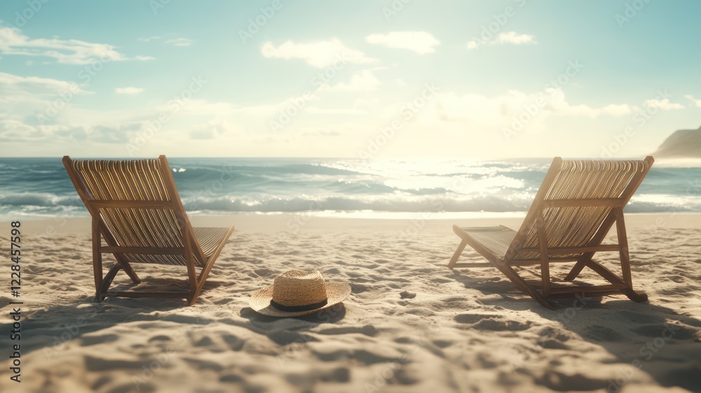 Relaxing Beach Scene: Two Empty Deck Chairs Facing the Ocean at Sunset Relaxing Beach Scene: Two Empty Deck Chairs Facing the Ocean at Sunset
