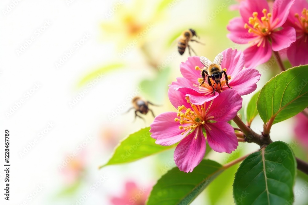 Colorful linden flowers and surrounding honeybees against a white background, nature, linden flowers, honeybee Colorful linden flowers and surrounding honeybees against a white background, nature, linden flowers, honeybee