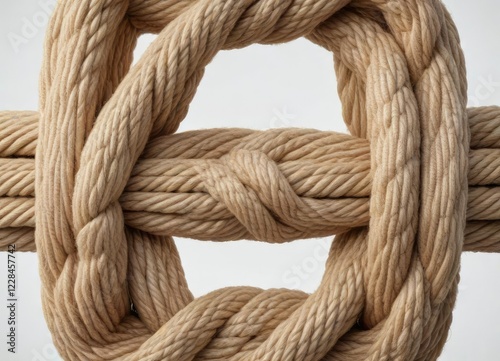 Dense hemp rope square knot on a pristine white background , fiber art, cordage