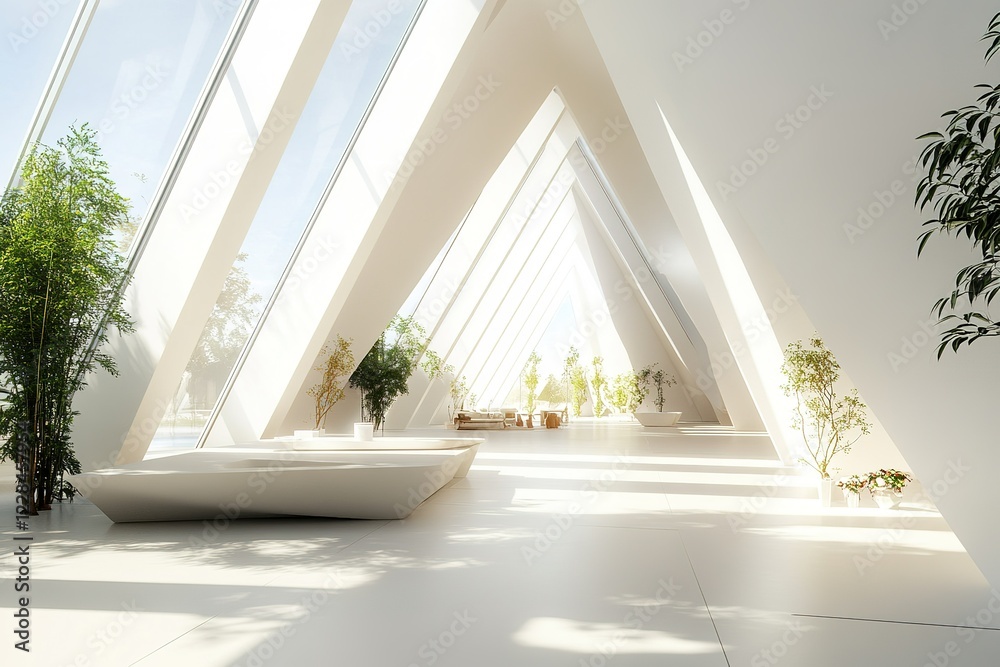 Fototapeta premium Sunlit modern interior with triangular architecture and plants
