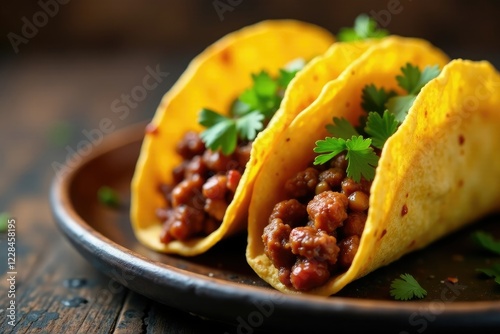 Crispy taco shells filled with spicy seasoned beef, shells, crispy, meaty