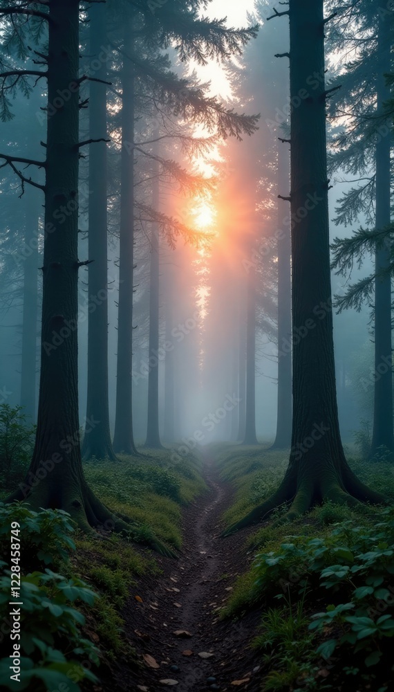 Obraz premium Fog swirls around ancient tree trunks in the forest at dusk, , foliage, forest