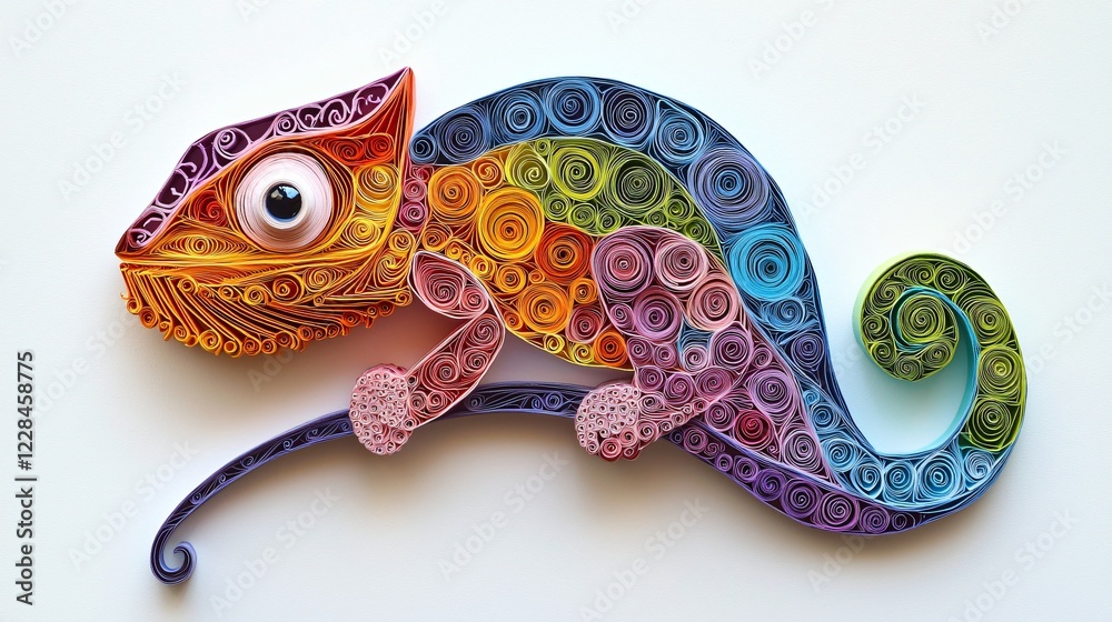 Colorful Paper Quilled Chameleon Animal Art Illustration Detail on White Background. Colorful Paper Quilled Chameleon Animal Art Illustration Detail on White Background.