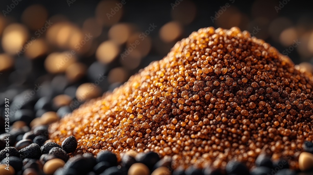 A mound of brown mustard seeds against a blurred background. A mound of brown mustard seeds against a blurred background.