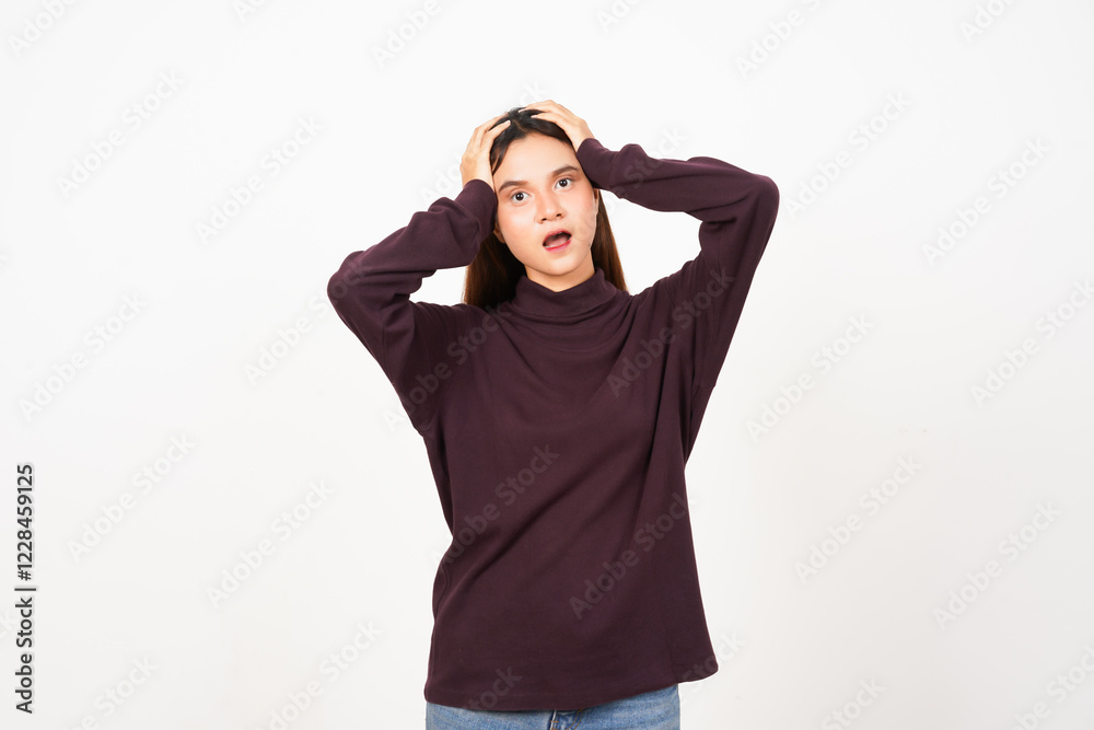 Hand on Head Expressing Frustration with shocked face Of Beautiful Asian Woman Isolated On White Background Hand on Head Expressing Frustration with shocked face Of Beautiful Asian Woman Isolated On White Background